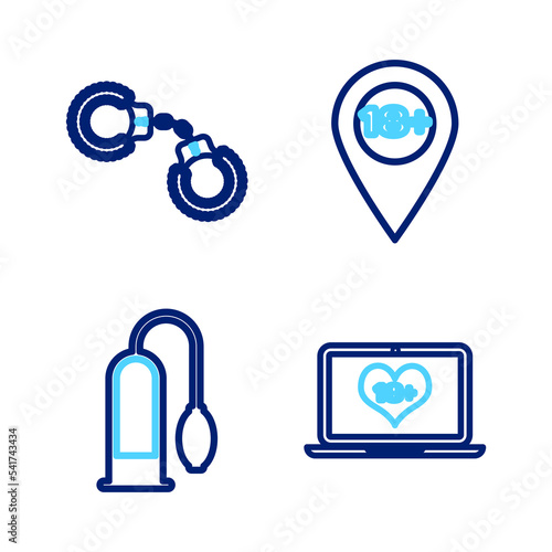 Set line Laptop with 18 plus content, Penis pump, Location and Sexy fluffy handcuffs icon. Vector