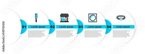 Set line Silicone ball gag, Condom in package, Sex shop building and Spanking paddle icon. Vector