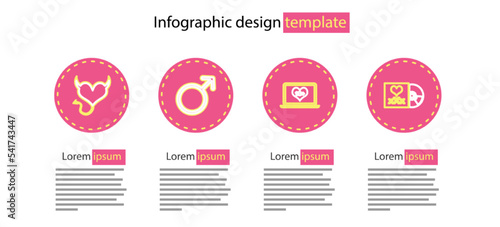 Set line Laptop with 18 plus content, Disc inscription Sex, Male gender symbol and Devil heart horns icon. Vector