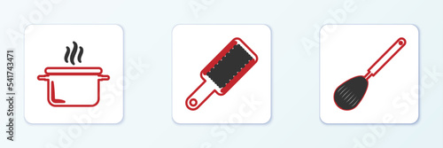 Set line Kitchen whisk, Cooking pot and Grater icon. Vector