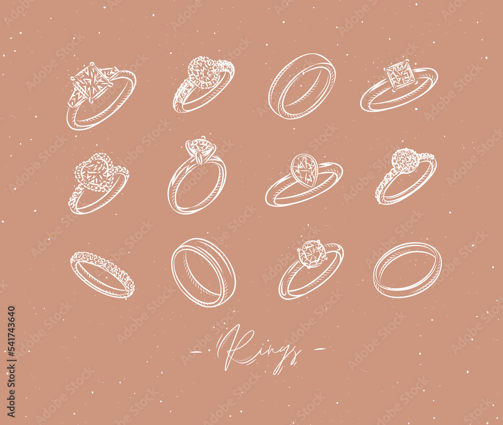 Wedding and engagement ring drawing in vintage graphic style on beige background