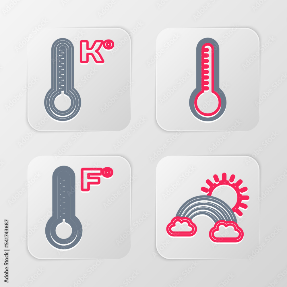 Set line Rainbow with clouds and sun, Meteorology thermometer, and icon. Vector Set line Rainbow with clouds and sun, Meteorology thermometer, and icon. Vector