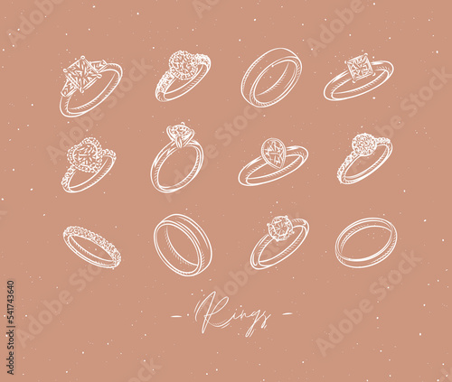 Obraz na płótnie Wedding and engagement ring drawing in vintage graphic style on beige background w salonie