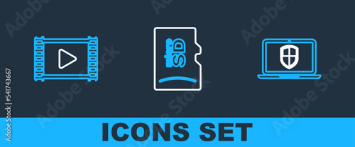 Set line Server with shield, Movie clapper and Micro SD memory card icon. Vector