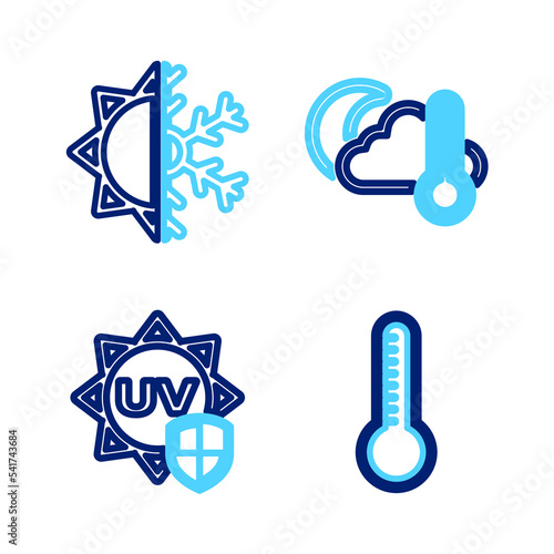 Set line Meteorology thermometer, UV protection, Thermometer and cloud, moon and Sun snowflake icon. Vector
