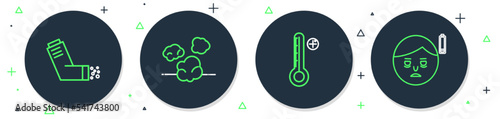 Set line Dust, Medical digital thermometer, Inhaler and Fatigue icon. Vector