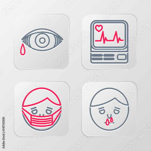 Set line Runny nose, Face in protective mask, Monitor with cardiogram and Reddish eye allergic conjunctivitis icon. Vector