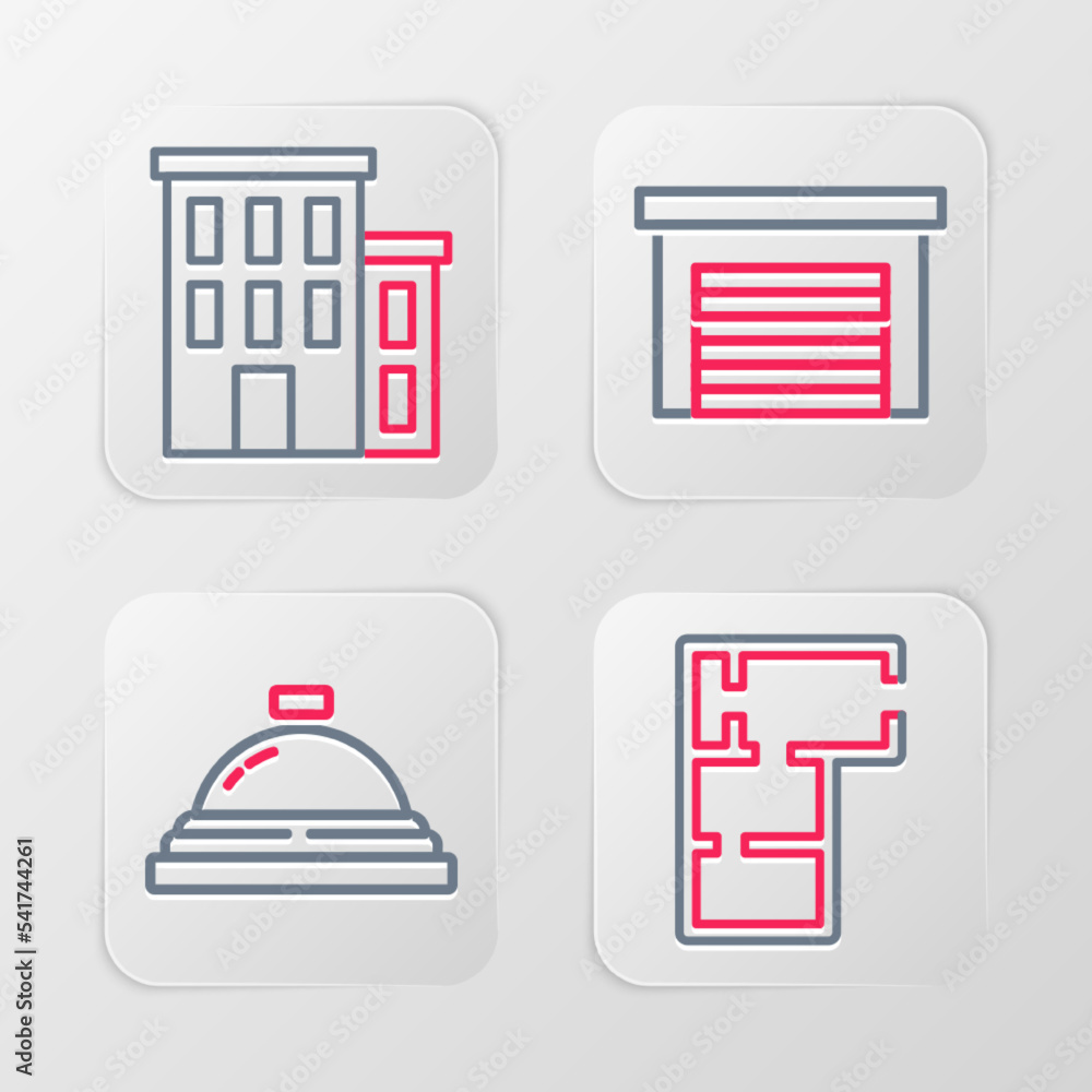 Set line House plan, Hotel service bell, Garage and icon. Vector Set line House plan, Hotel service bell, Garage and icon. Vector