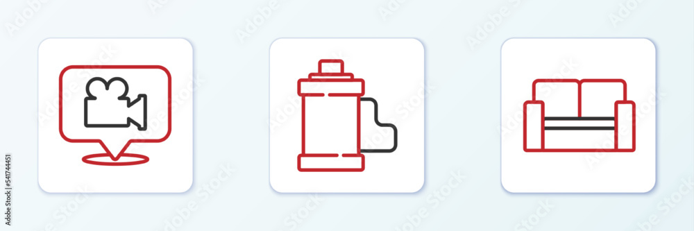 Set line Cinema chair, Camera and location and film roll cartridge icon. Vector Set line Cinema chair, Camera and location and film roll cartridge icon. Vector