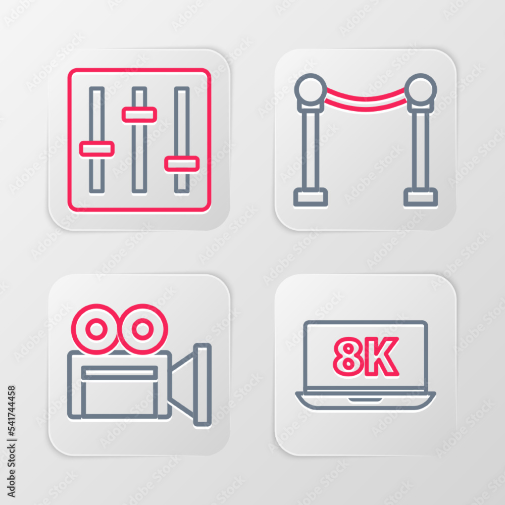 Set line Laptop with 8k, Cinema camera, Rope barrier and Sound mixer controller icon. Vector Set line Laptop with 8k, Cinema camera, Rope barrier and Sound mixer controller icon. Vector