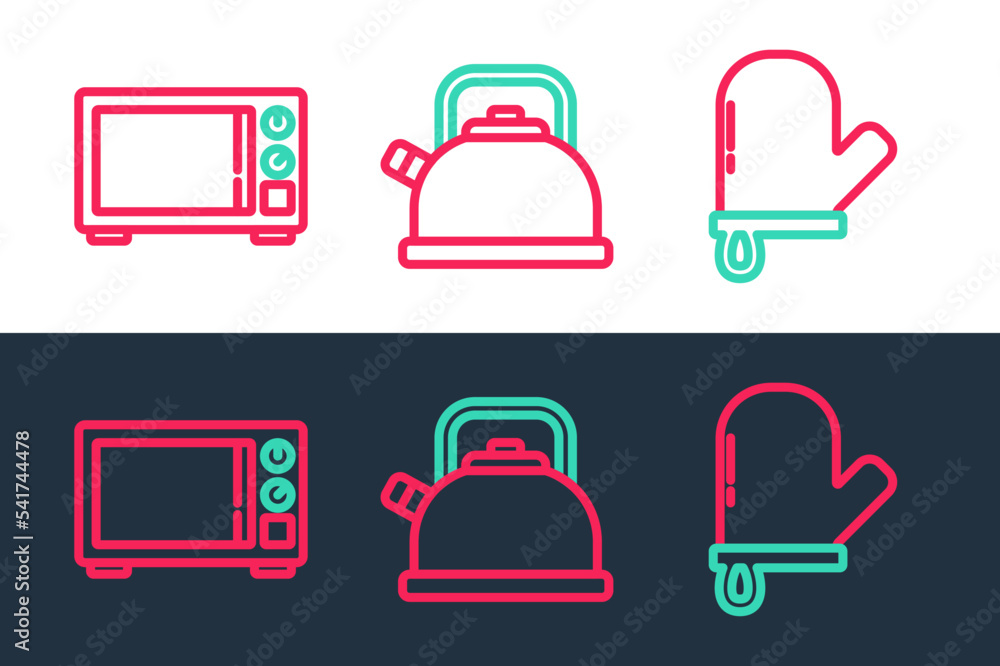 Set line Oven glove, Microwave oven and Kettle with handle icon. Vector Set line Oven glove, Microwave oven and Kettle with handle icon. Vector