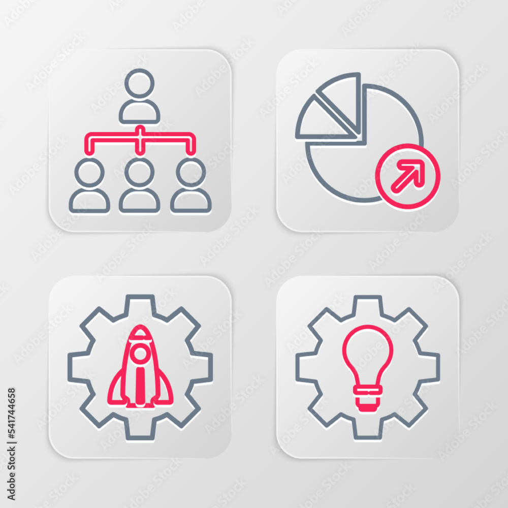 Set line Light bulb and gear, Startup project concept, Financial growth and Hierarchy organogram chart icon. Vector Set line Light bulb and gear, Startup project concept, Financial growth and Hierarchy organogram chart icon. Vector