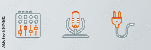 Set line Electric plug, Sound mixer controller and Microphone icon. Vector