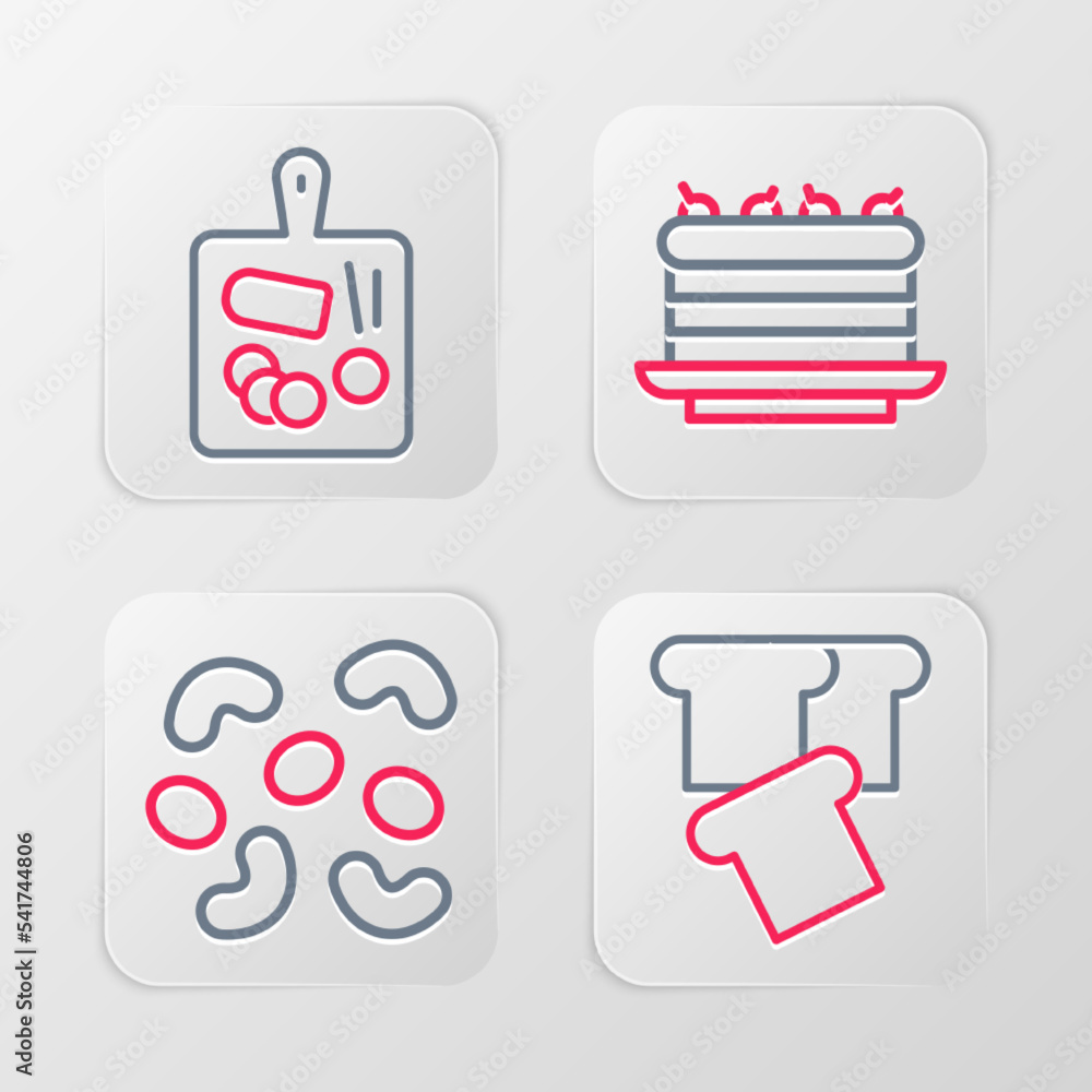 Set line Bread toast, Jelly candy, Cake and Cutting board icon. Vector Set line Bread toast, Jelly candy, Cake and Cutting board icon. Vector