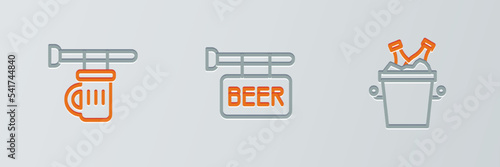 Set line Beer bottles in ice bucket, Signboard with glass of beer and Street signboard icon. Vector