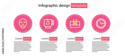 Set line Swimming pool with ladder, Sauna clock, Cup of tea tea bag and Facial cosmetic mask icon. Vector