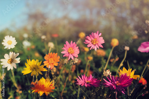 A bunch of flowers on a sunny day with a meadow background