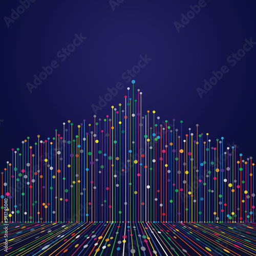 Speed lines, big data concept with dots. Dark blue illustration with financial indexes.