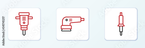 Set line Soldering iron, Construction jackhammer and Electric sander icon. Vector