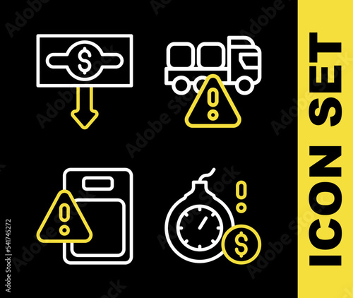 Set line Stop delivery cargo truck, Money bomb dollar crisis, Global economic and Dollar rate decrease icon. Vector