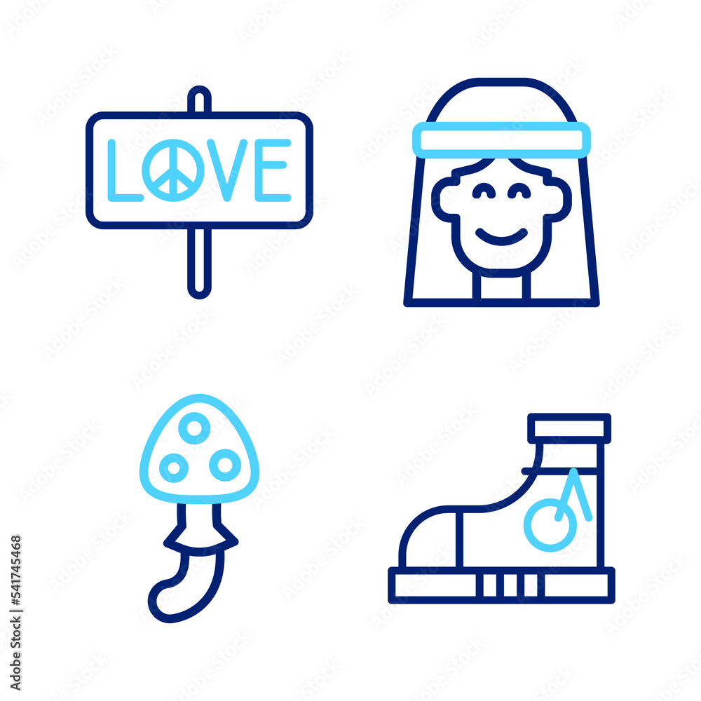 Set line Sneakers, Psilocybin mushroom, Hippie girl and Peace icon. Vector Set line Sneakers, Psilocybin mushroom, Hippie girl and Peace icon. Vector