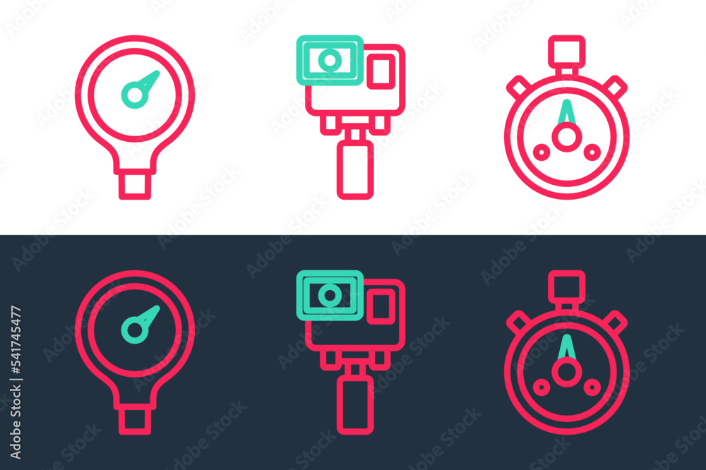 Set line Stopwatch, Gauge scale and Action extreme camera icon. Vector Set line Stopwatch, Gauge scale and Action extreme camera icon. Vector