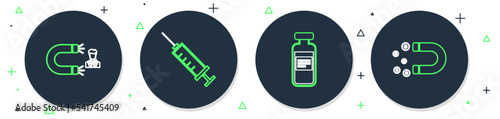 Set line Syringe, Medical vial, ampoule, Customer attracting and Magnet with money icon. Vector