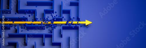 3d rendering: Concept - solving a complex problem. Brute force method: breaking through the brick wall. Blue maze and floor with yellow solution path with arrow. Banner size. photo