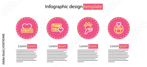 Set line Animal volunteer, Heart with animals footprint, Thank you heart and Donation and charity icon. Vector