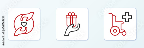 Set line Wheelchair for disabled person, Pleasant relationship and Give gift icon. Vector