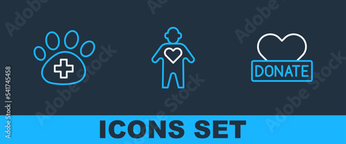 Set line Donation and charity, Veterinary clinic and Volunteer icon. Vector