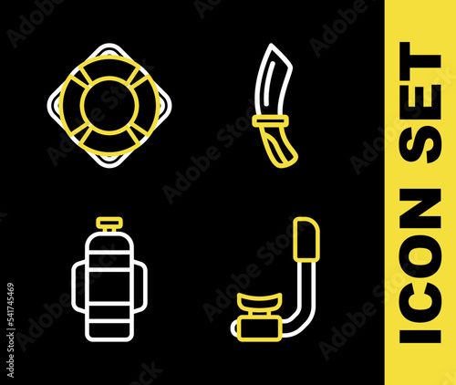 Set line Diving knife, Snorkel, Aqualung and Lifebuoy icon. Vector
