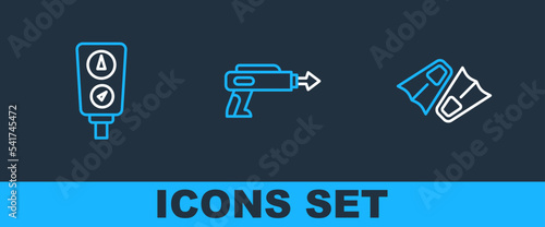 Set line Flippers for swimming, Gauge scale and Fishing harpoon icon. Vector