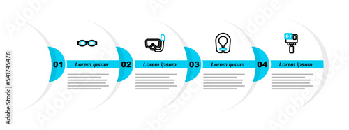 Set line Action extreme camera, Life jacket, Diving mask with snorkel and Glasses for swimming icon. Vector