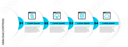 Set line Cloud technology data transfer, Browser with shield, download and Infographic of city map icon. Vector