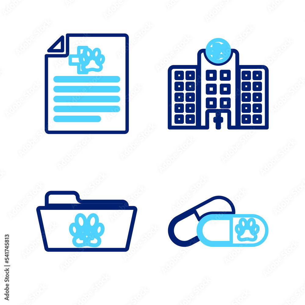 Set line Dog and pills, Medical veterinary record folder, Veterinary medicine hospital and certificate for dog cat icon. Vector
