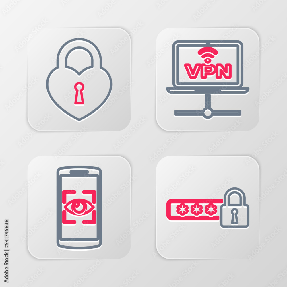 Set line Password protection, Mobile and eye scan, VPN Computer network and Castle in the shape of heart icon. Vector Set line Password protection, Mobile and eye scan, VPN Computer network and Castle in the shape of heart icon. Vector