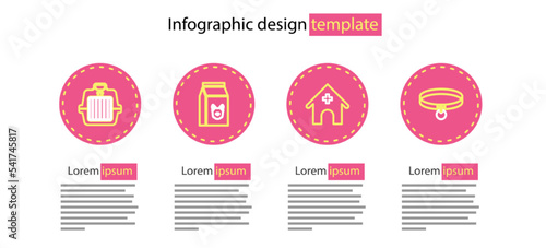 Set line Veterinary medicine hospital, Collar, Bag of food for dog and Pet carry case icon. Vector
