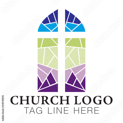 Church logo with stained glass window. Church icon with mosaic tiled window and cross.