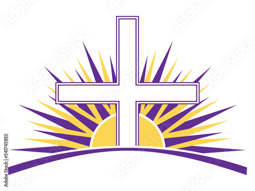 Christian cross with the sun rising behind. Church icon with cross and sun in purple and gold colors isolated on white. Church logo design