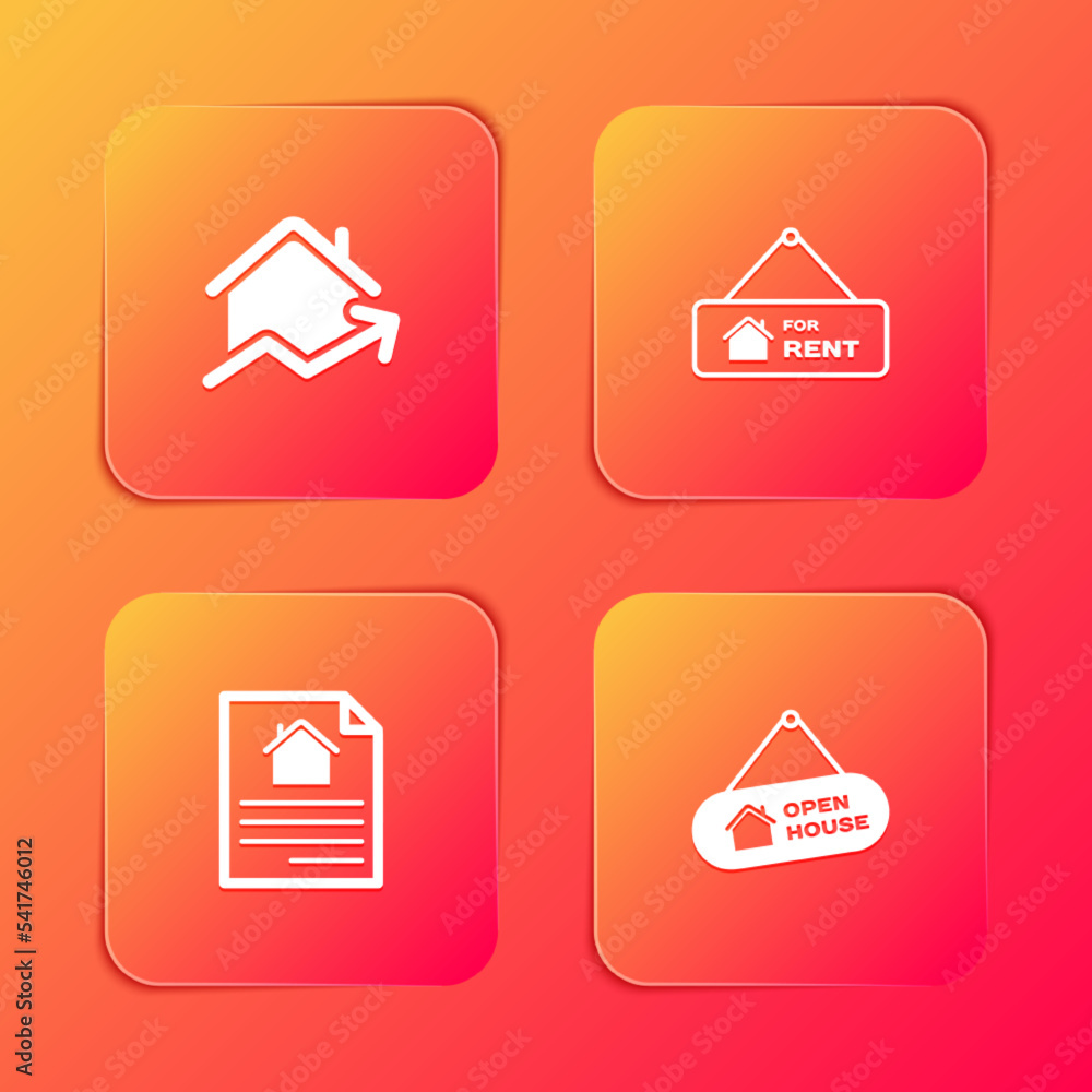 Set Rising cost of housing, Hanging sign with For Rent, House contract and Open house icon. Vector Set Rising cost of housing, Hanging sign with For Rent, House contract and Open house icon. Vector