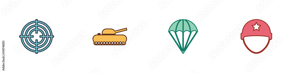 Set Target sport, Military tank, Parachute and helmet icon. Vector Set Target sport, Military tank, Parachute and helmet icon. Vector