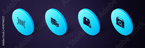 Set Isometric Search package, Locked, Delivery truck with boxes and Barcode icon. Vector