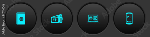 Set Cover book travel guide, Airline ticket, Online car sharing and hotel booking icon. Vector