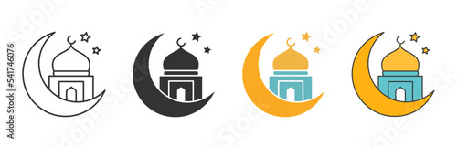 Islamic mosque icon in crescent moon showing Ramadan holiday.