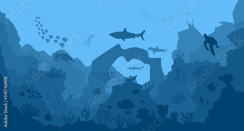 silhouette of coral reef with fish on blue sea background underwater vector illustration