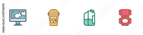 Set Computer monitor screen, Coffee cup go, Printer ink bottle and Carton cardboard box icon. Vector