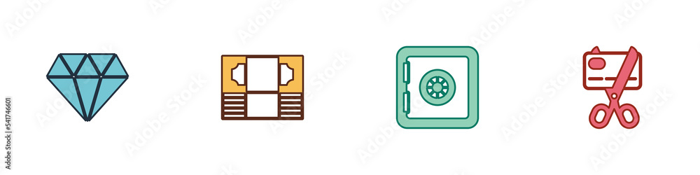 Set Diamond, Stacks paper money cash, Safe and Scissors cutting credit card icon. Vector