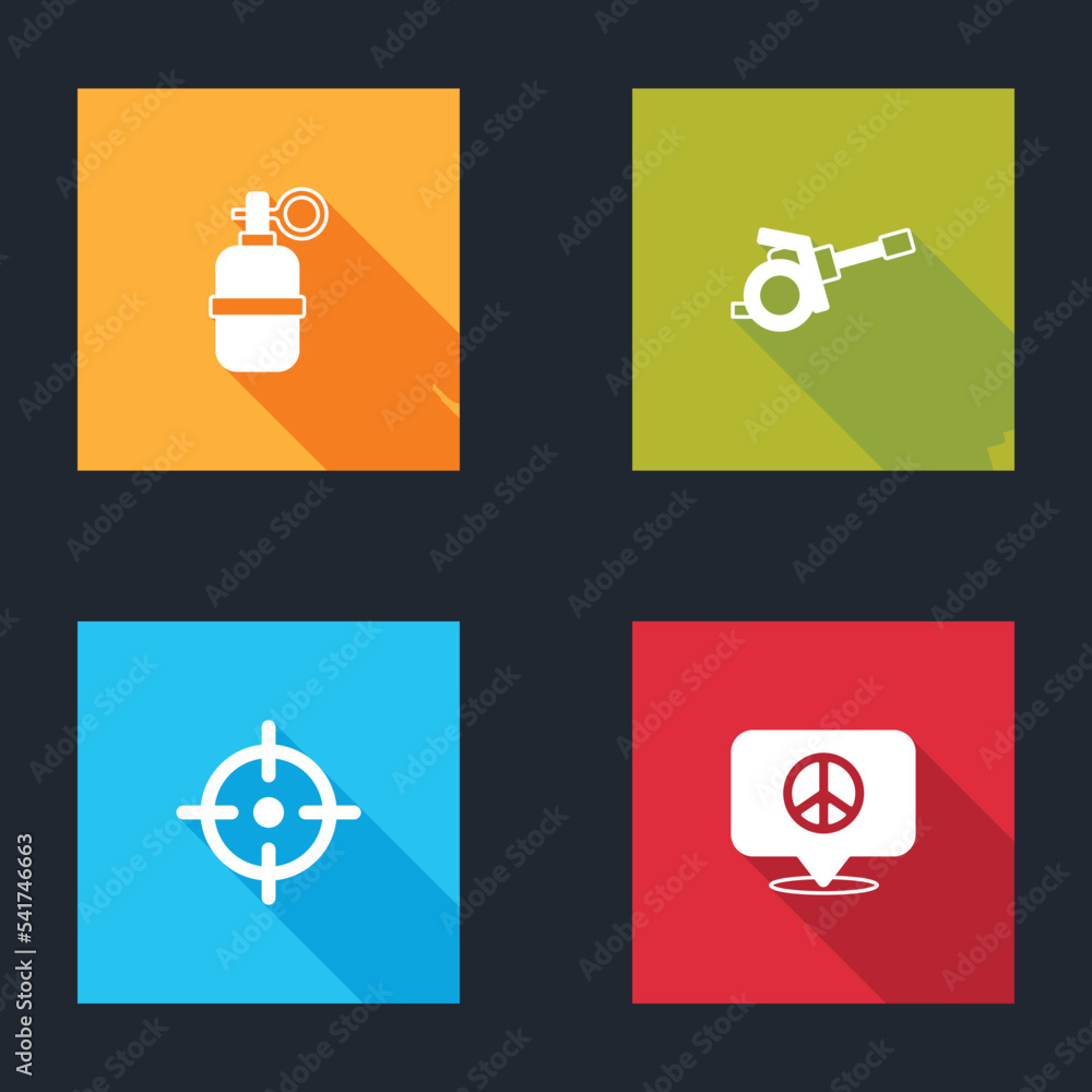 Set Hand grenade, Howitzer, Target sport and Location peace icon. Vector Set Hand grenade, Howitzer, Target sport and Location peace icon. Vector