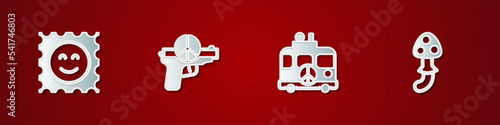 Set LSD acid mark, No war, Hippie camper van and Psilocybin mushroom icon. Vector